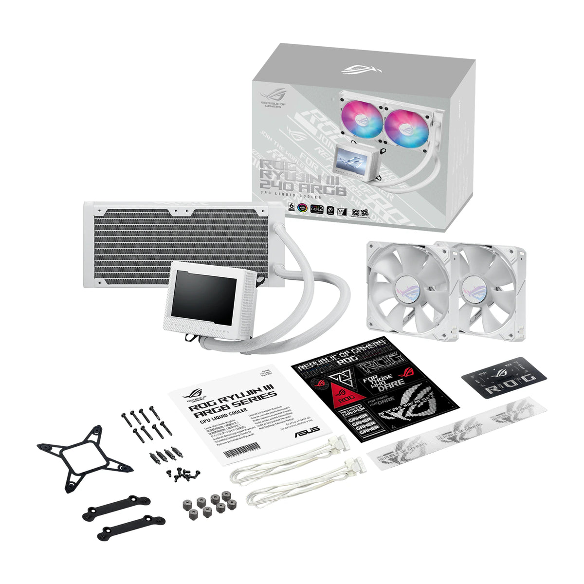 ASUS ROG RYUJIN III 240 ARGB Blanc — vue produit 8 du watercooling AIO sur fond blanc carré — réf. 90RC00K2-M0UAY0