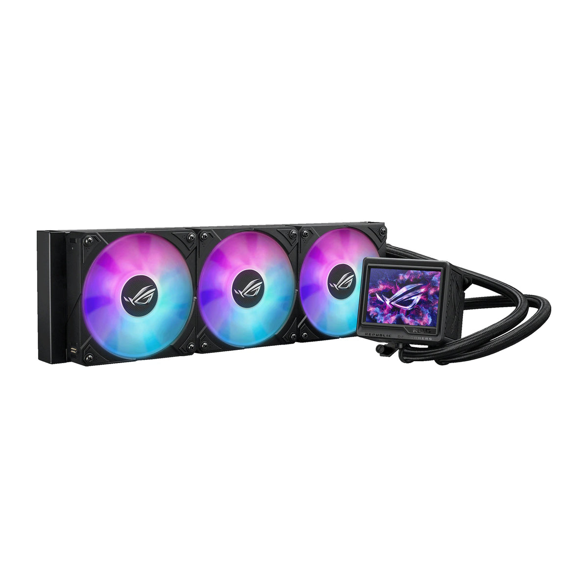 ASUS ROG RYUJIN III 360 ARGB Extreme Noir — vue produit 3 du watercooling AIO sur fond blanc carré — réf. 90RC0131-M0EAY0