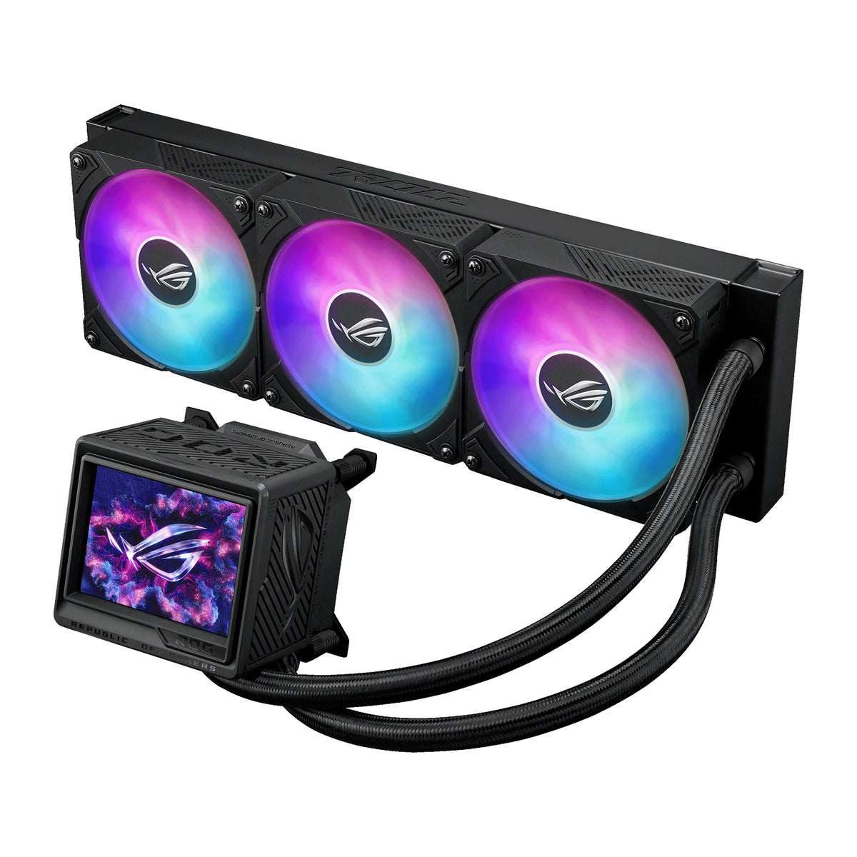 ASUS ROG RYUJIN III 360 ARGB Extreme Noir — vue produit 4 du watercooling AIO sur fond blanc carré — réf. 90RC0131-M0EAY0
