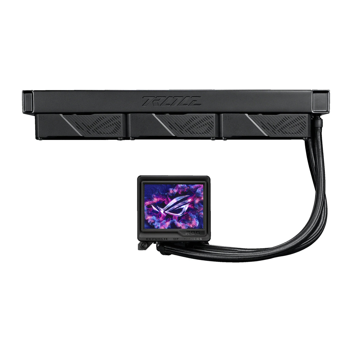 ASUS ROG RYUJIN III 360 ARGB Extreme Noir — vue produit 5 du watercooling AIO sur fond blanc carré — réf. 90RC0131-M0EAY0