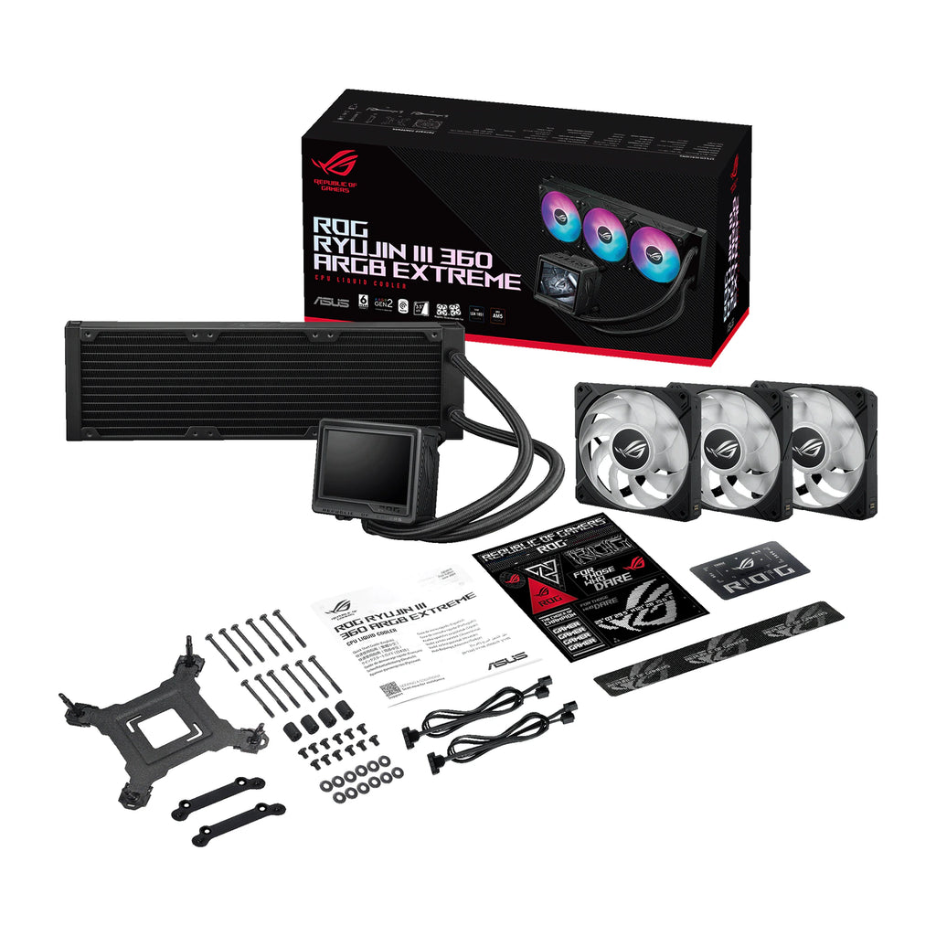 ASUS ROG RYUJIN III 360 ARGB Extreme Noir — vue produit 13 du watercooling AIO sur fond blanc carré — réf. 90RC0131-M0EAY0