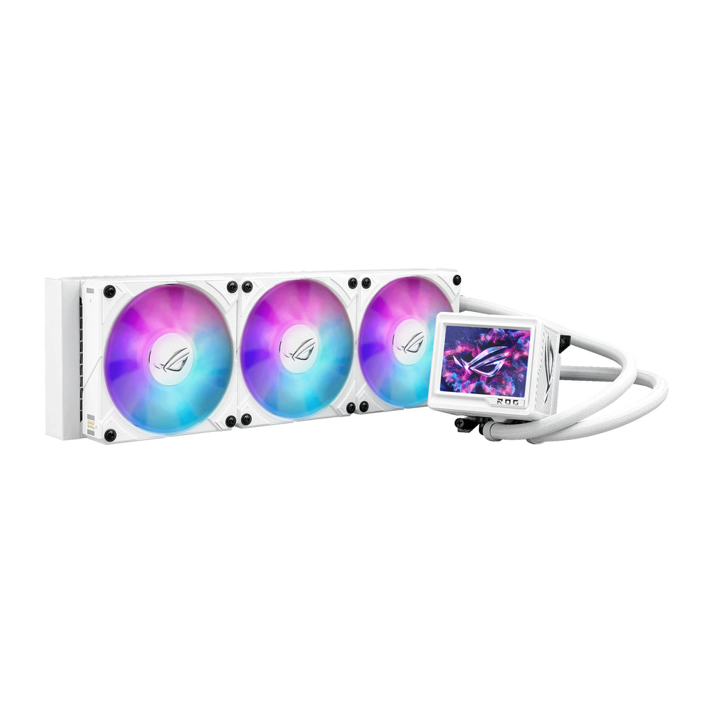 ASUS ROG RYUJIN III 360 ARGB Extreme Blanc — vue produit 3 du watercooling AIO sur fond blanc carré — réf. 90RC0132-M0EAY0