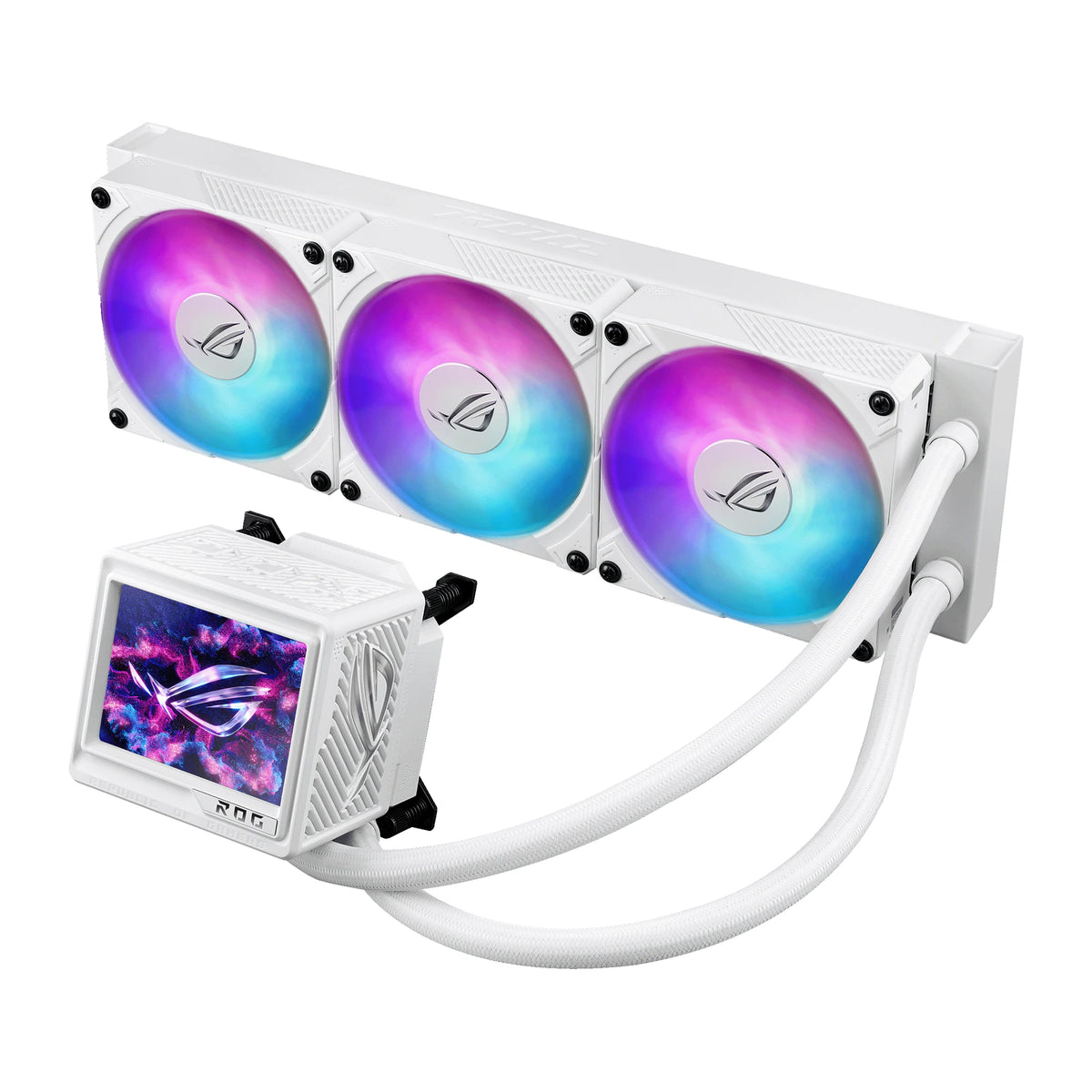 ASUS ROG RYUJIN III 360 ARGB Extreme Blanc — vue produit 4 du watercooling AIO sur fond blanc carré — réf. 90RC0132-M0EAY0