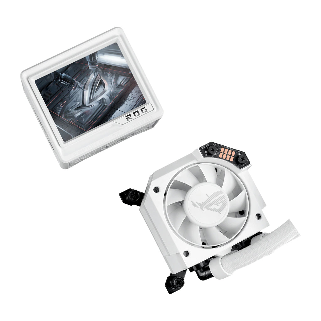 ASUS ROG RYUJIN III 360 ARGB Extreme Blanc — vue produit 7 du watercooling AIO sur fond blanc carré — réf. 90RC0132-M0EAY0