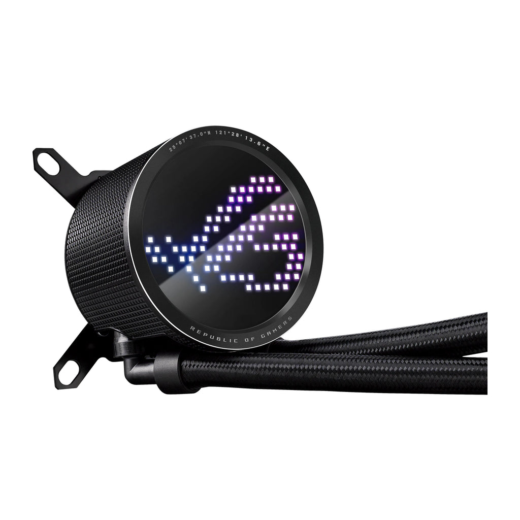 ASUS ROG RYUO III 240 ARGB Noir — vue latérale de la pompe du watercooling AIO sur fond blanc carré — réf. 90RC00J1-M0UAY0
