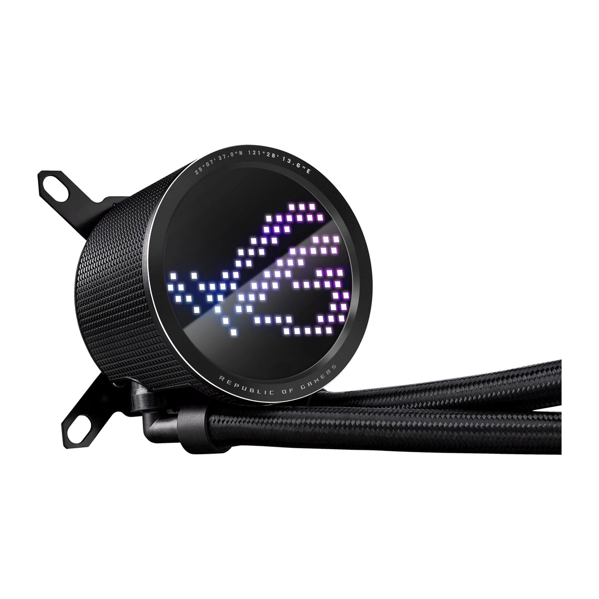 ASUS ROG RYUO III 240 ARGB Noir — vue latérale de la pompe du watercooling AIO sur fond blanc carré — réf. 90RC00J1-M0UAY0