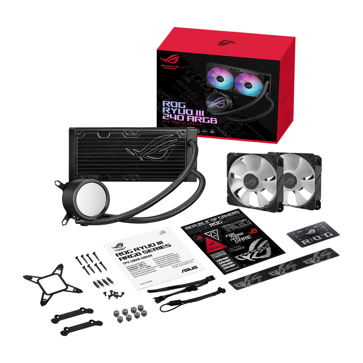 ASUS ROG RYUO III 240 ARGB Noir — vue de face 2 du watercooling AIO sur fond blanc carré — réf. 90RC00J1-M0UAY0