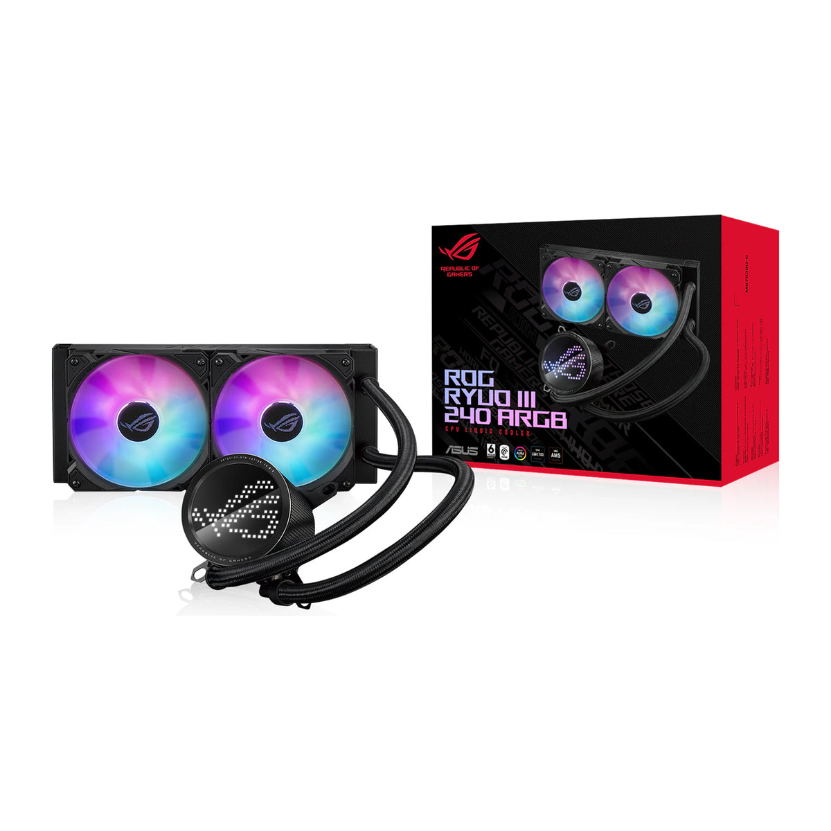 ASUS ROG RYUO III 240 ARGB Noir — vue de face 3 du watercooling AIO sur fond blanc carré — réf. 90RC00J1-M0UAY0