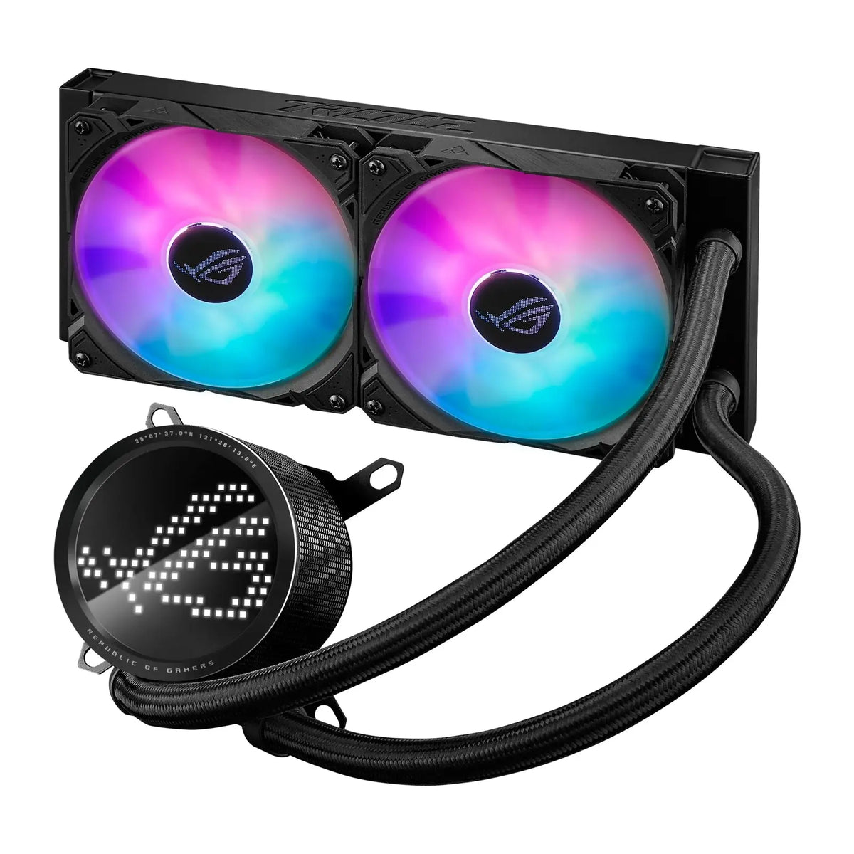 ASUS ROG RYUO III 240 ARGB Noir — vue de face perspective du watercooling AIO sur fond blanc carré — réf. 90RC00J1-M0UAY0
