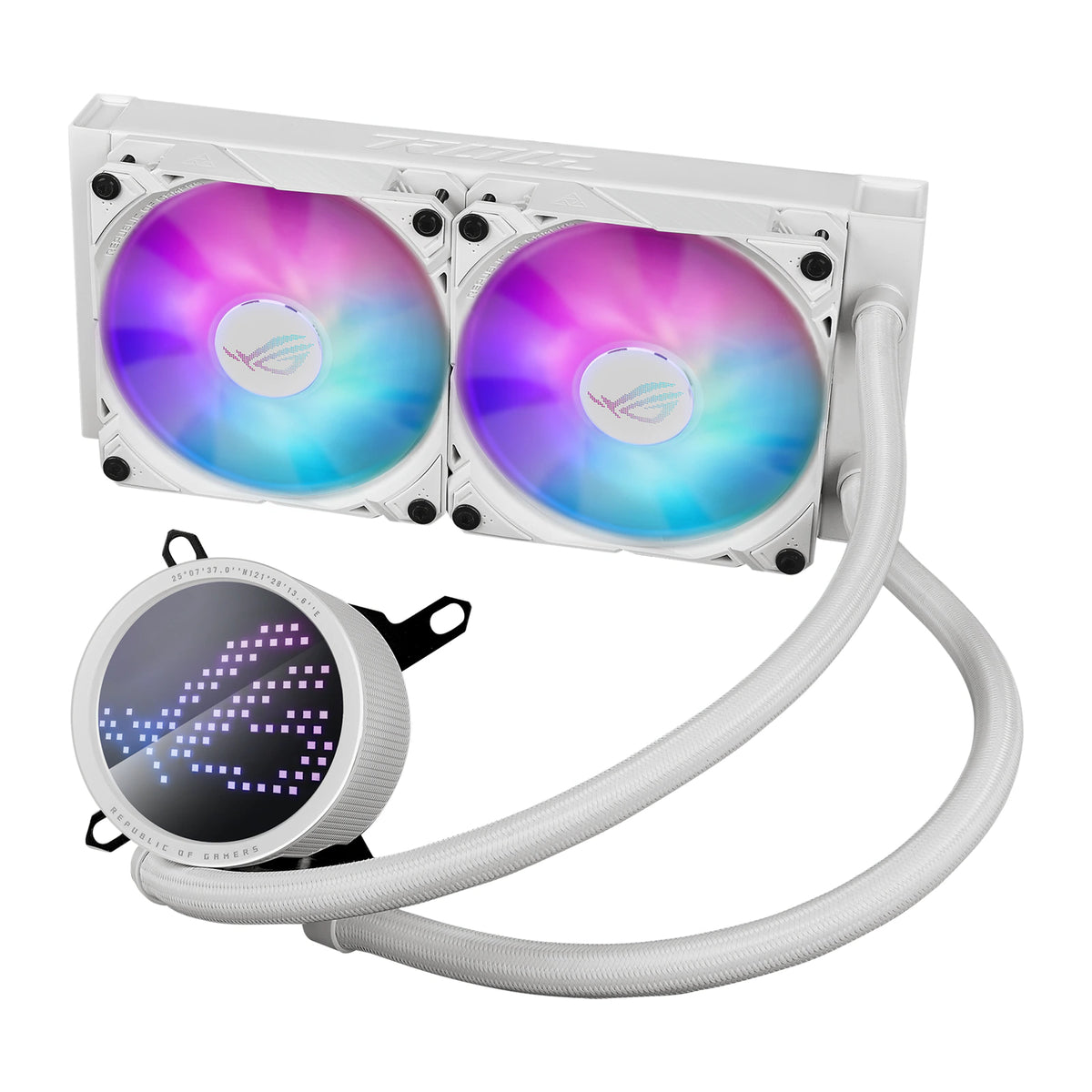 ASUS ROG RYUO III 240 ARGB Blanc — vue de face du watercooling AIO sur fond blanc carré — réf. 90RC00J2-M0UAY0
