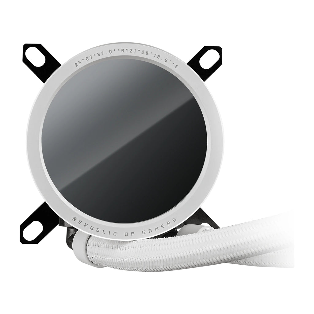 ASUS ROG RYUO III 240 ARGB Blanc — vue de l’écran du watercooling AIO sur fond blanc carré — réf. 90RC00J2-M0UAY0