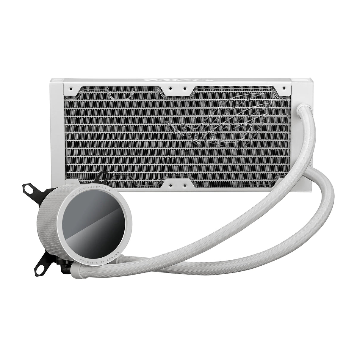 ASUS ROG RYUO III 240 ARGB Blanc — vue arrière du watercooling AIO sur fond blanc carré — réf. 90RC00J2-M0UAY0