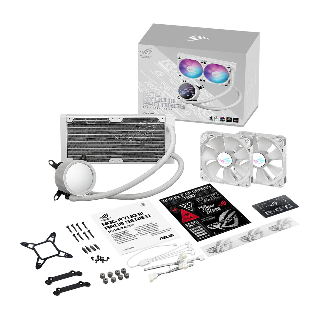 ASUS ROG RYUO III 240 ARGB Blanc — vue de face 4 du watercooling AIO sur fond blanc carré — réf. 90RC00J2-M0UAY0