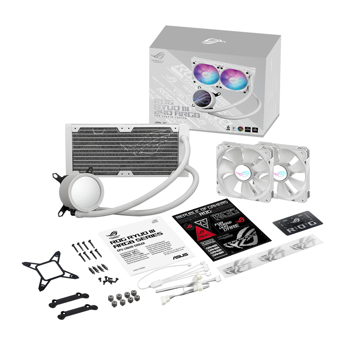 ASUS ROG RYUO III 240 ARGB Blanc — vue de face 4 du watercooling AIO sur fond blanc carré — réf. 90RC00J2-M0UAY0