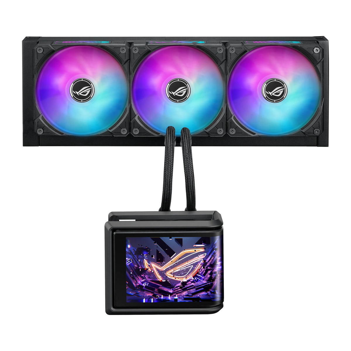 ASUS ROG Ryuo IV SLC 360 ARGB Noir — vue principale du watercooling AIO sur fond blanc carré — réf. 90RC0151-B0EAY0