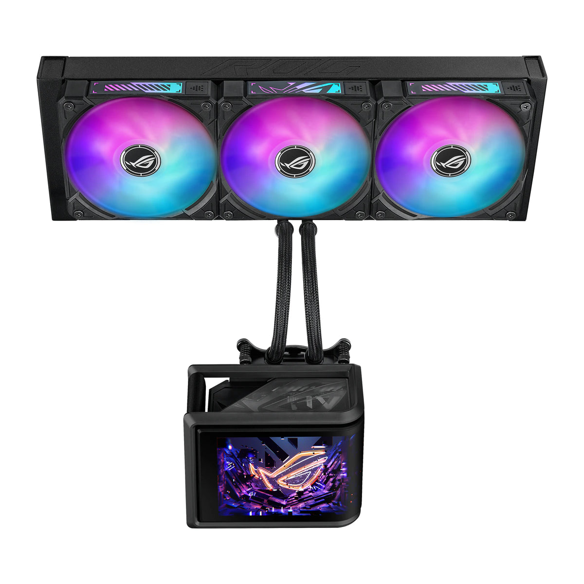 ASUS ROG Ryuo IV SLC 360 ARGB Noir — vue de dessus du watercooling AIO sur fond blanc carré — réf. 90RC0151-B0EAY0