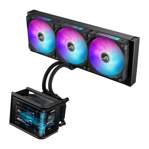 ASUS ROG Ryuo IV SLC 360 ARGB Noir — vue latérale du watercooling AIO sur fond blanc carré — réf. 90RC0151-B0EAY0