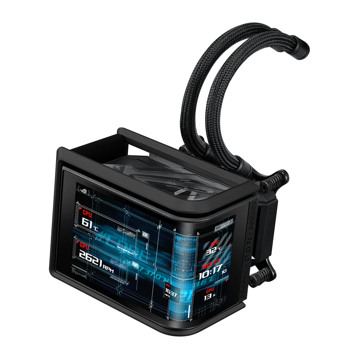 ASUS ROG Ryuo IV SLC 360 ARGB Noir — vue de l’écran du watercooling AIO sur fond blanc carré — réf. 90RC0151-B0EAY0