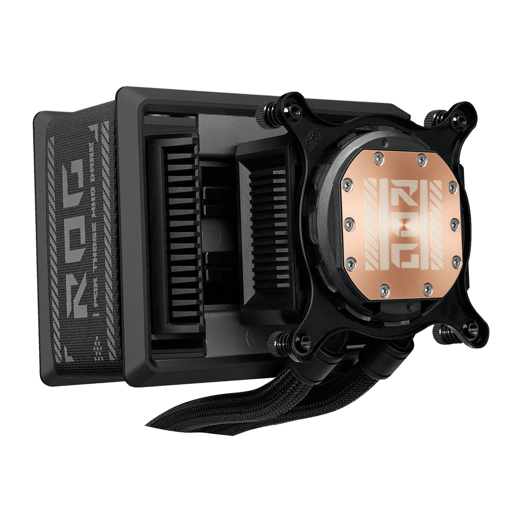 ASUS ROG Ryuo IV SLC 360 ARGB Noir — vue de dessous du watercooling AIO sur fond blanc carré — réf. 90RC0151-B0EAY0