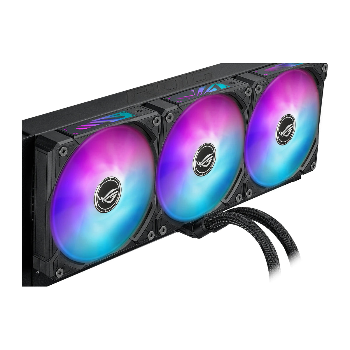 ASUS ROG Ryuo IV SLC 360 ARGB Noir — vue des ventilateurs 5 du watercooling AIO sur fond blanc carré — réf. 90RC0151-B0EAY0