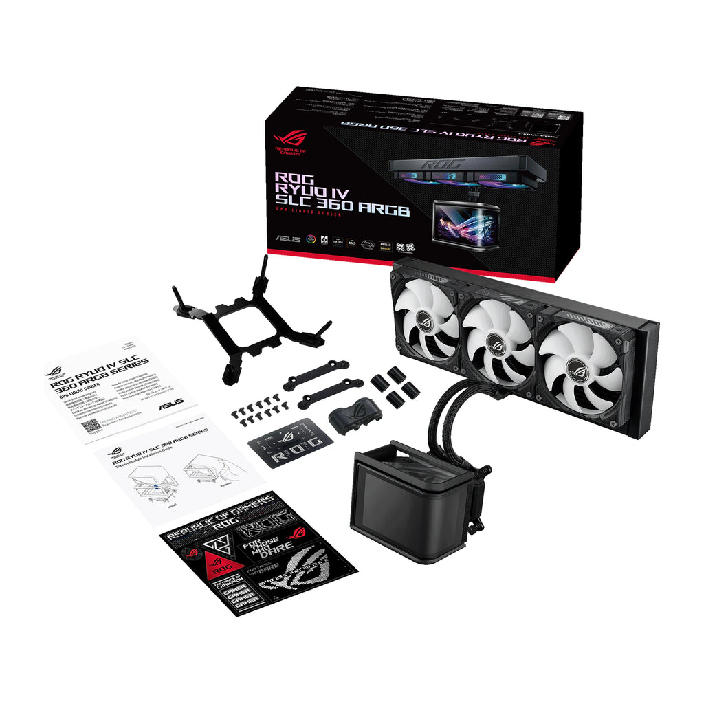 ASUS ROG Ryuo IV SLC 360 ARGB Noir — vue produit 13 du watercooling AIO sur fond blanc carré — réf. 90RC0151-B0EAY0