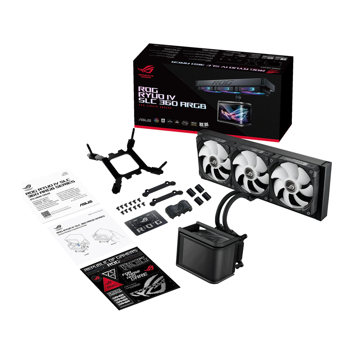 ASUS ROG Ryuo IV SLC 360 ARGB Noir — vue produit 13 du watercooling AIO sur fond blanc carré — réf. 90RC0151-B0EAY0