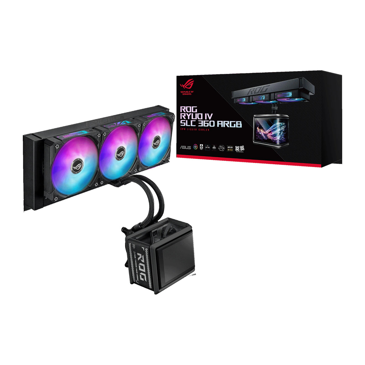 ASUS ROG Ryuo IV SLC 360 ARGB Noir — vue produit 14 du watercooling AIO sur fond blanc carré — réf. 90RC0151-B0EAY0