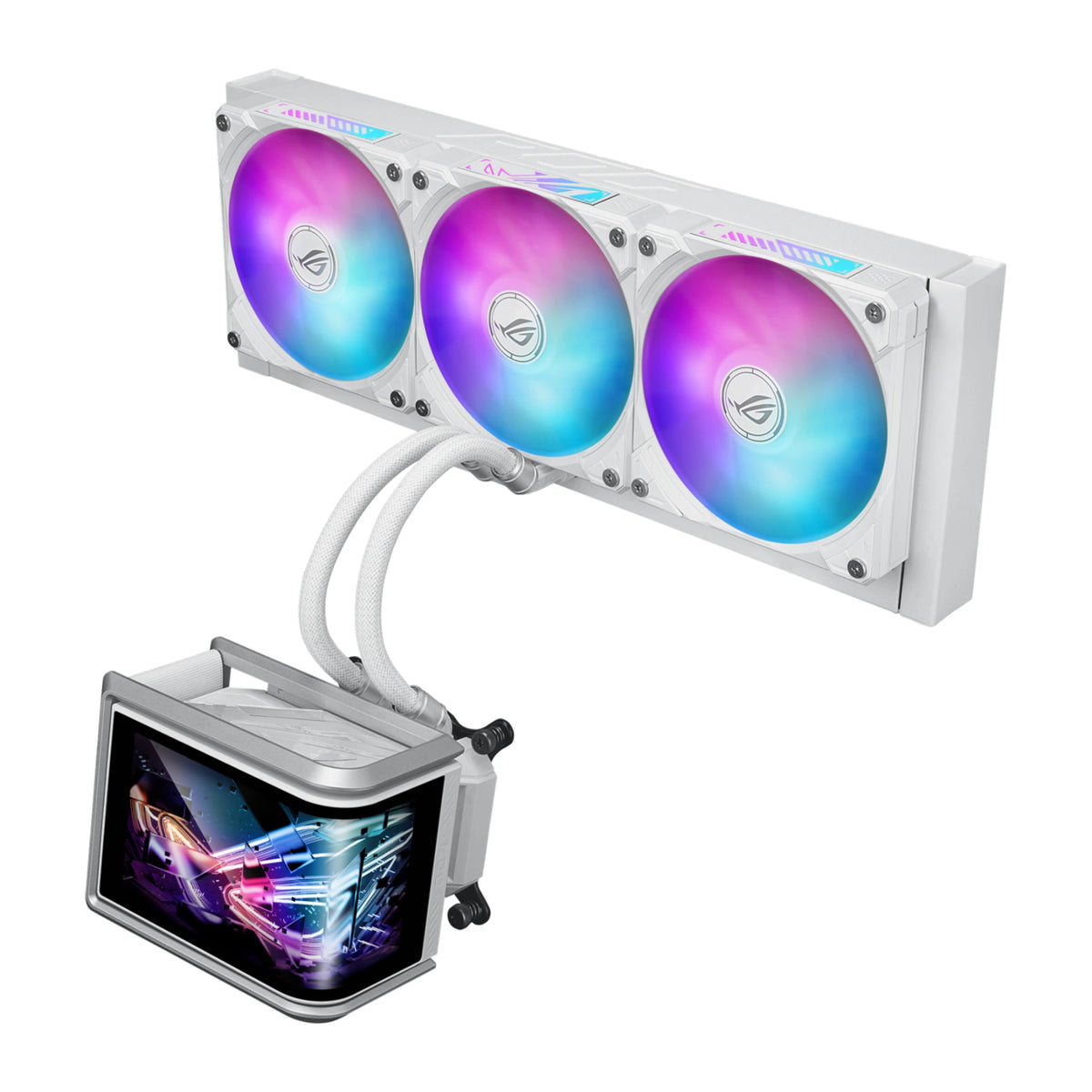 ASUS ROG Ryuo IV SLC 360 ARGB Blanc — vue principale du watercooling AIO sur fond blanc carré — réf. 90RC0152-B0EAY0