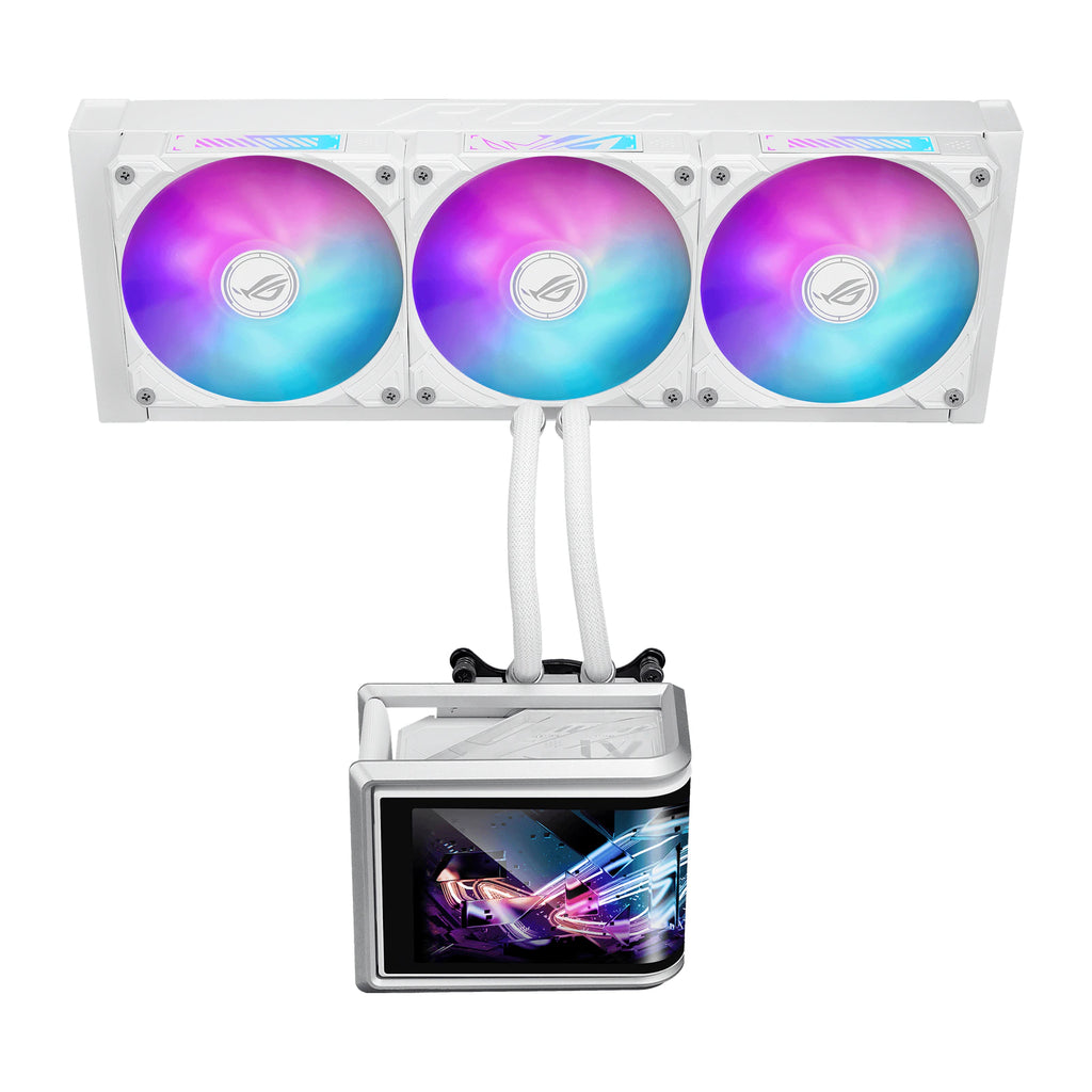 ASUS ROG Ryuo IV SLC 360 ARGB Blanc — vue de l’écran du watercooling AIO sur fond blanc carré — réf. 90RC0152-B0EAY0