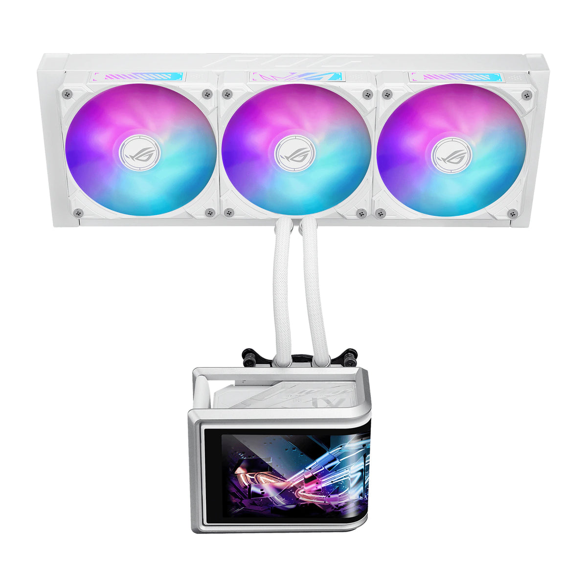 ASUS ROG Ryuo IV SLC 360 ARGB Blanc — vue de l’écran du watercooling AIO sur fond blanc carré — réf. 90RC0152-B0EAY0