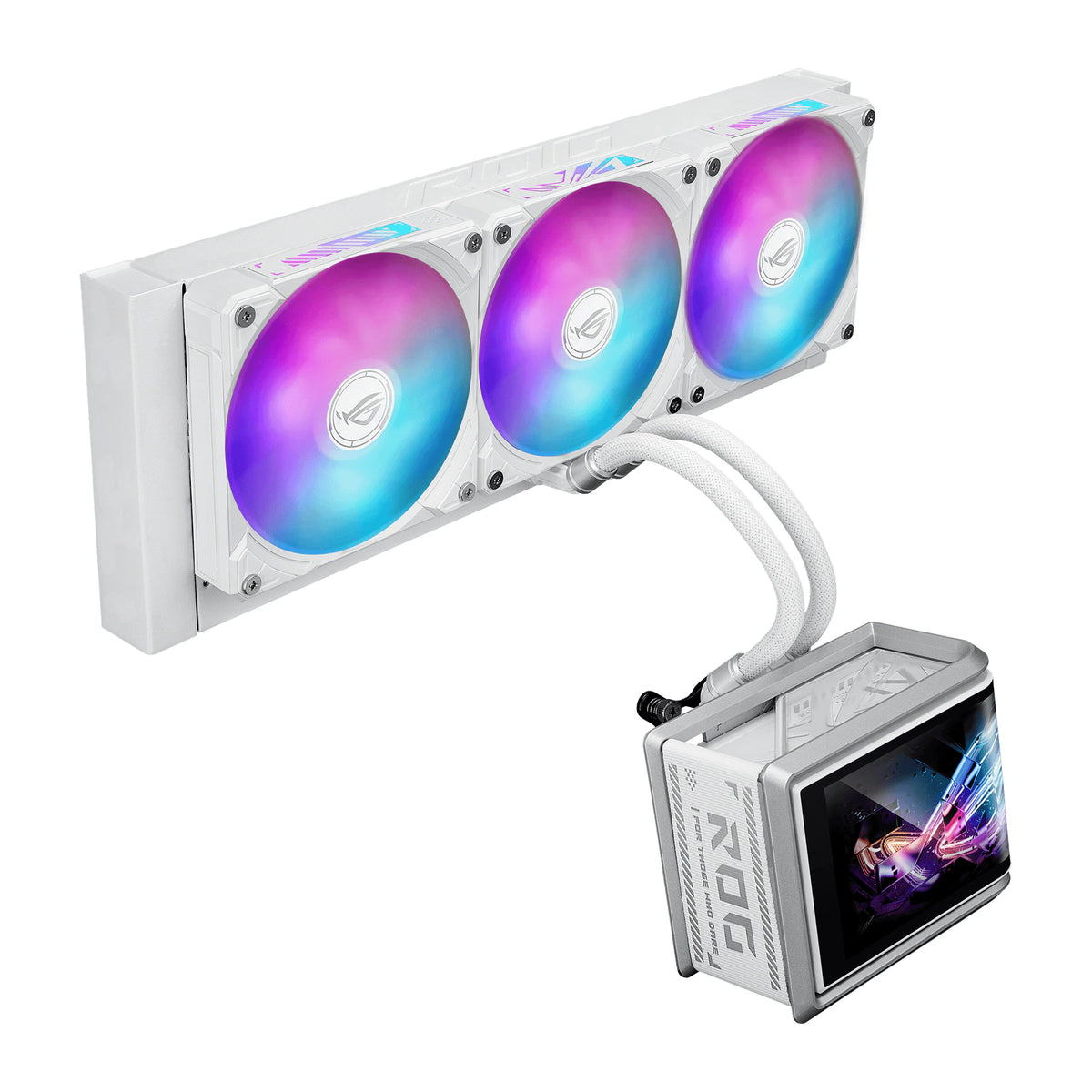 ASUS ROG Ryuo IV SLC 360 ARGB Blanc — vue de trois quarts du watercooling AIO sur fond blanc carré — réf. 90RC0152-B0EAY0