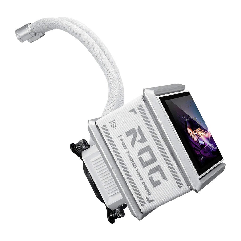 ASUS ROG Ryuo IV SLC 360 ARGB Blanc — vue latérale de la pompe du watercooling AIO sur fond blanc carré — réf. 90RC0152-B0EAY0