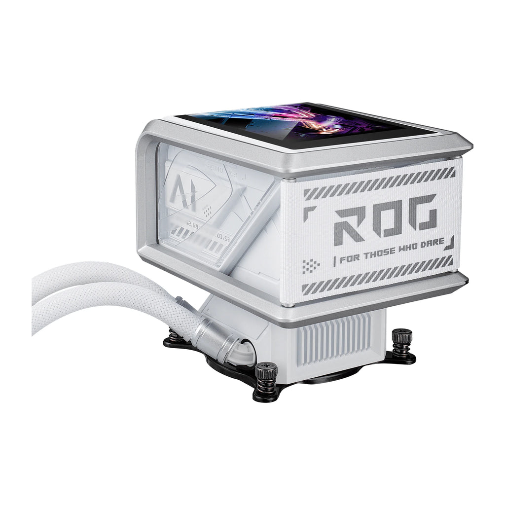 ASUS ROG Ryuo IV SLC 360 ARGB Blanc — vue latérale de la pompe 2 du watercooling AIO sur fond blanc carré — réf. 90RC0152-B0EAY0