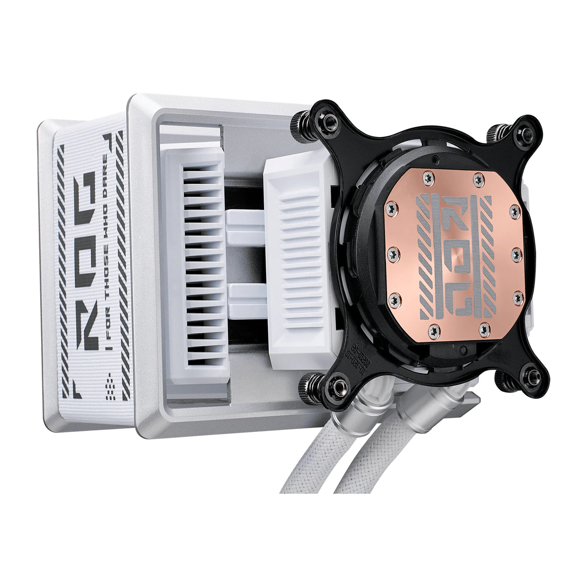 ASUS ROG Ryuo IV SLC 360 ARGB Blanc — vue de dessous du watercooling AIO sur fond blanc carré — réf. 90RC0152-B0EAY0