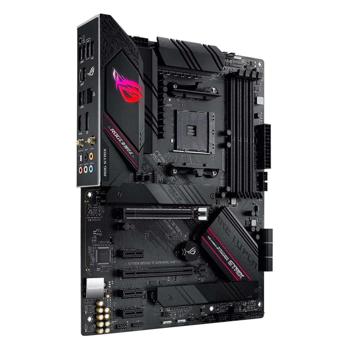 ASUS ROG STRIX B550-F GAMING WIFI II — vue en perspective sur fond blanc carré — réf. 90MB19V0-M0EAY0