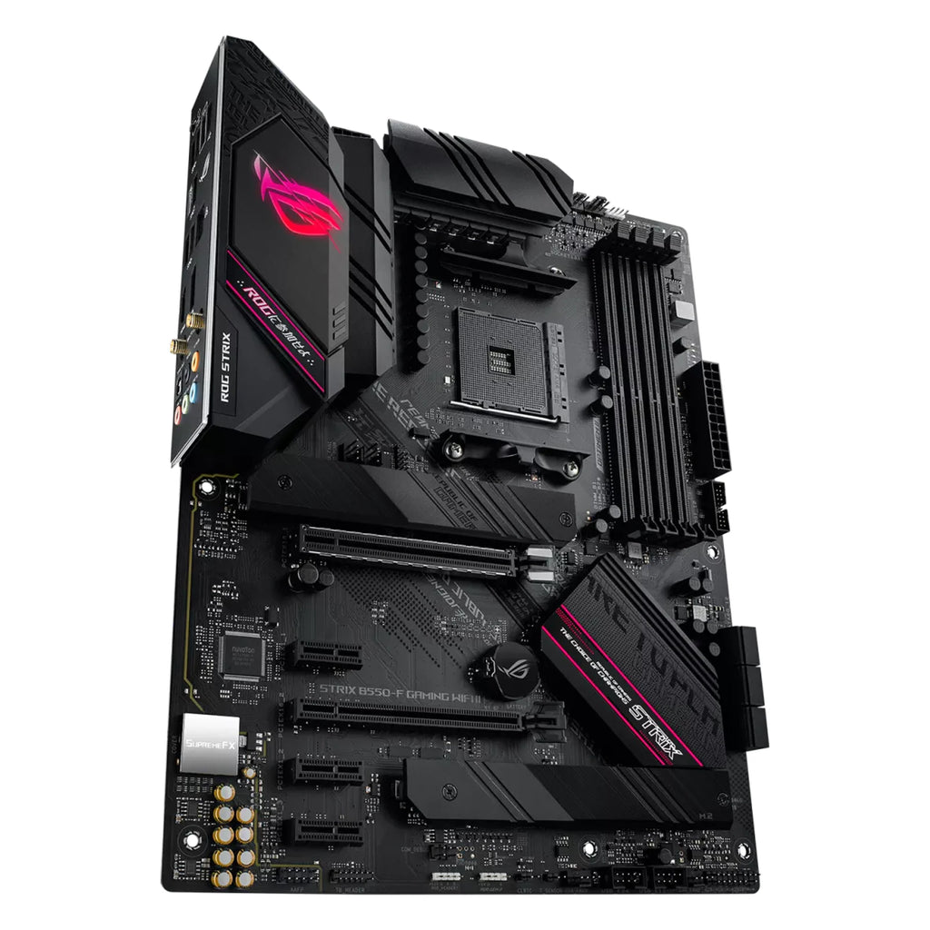 ASUS ROG STRIX B550-F GAMING WIFI II — vue en perspective sur fond blanc carré — réf. 90MB19V0-M0EAY0