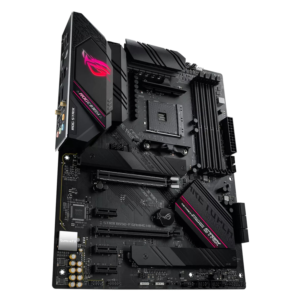 ASUS ROG STRIX B550-F GAMING WIFI II — vue en perspective sur fond blanc carré — réf. 90MB19V0-M0EAY0
