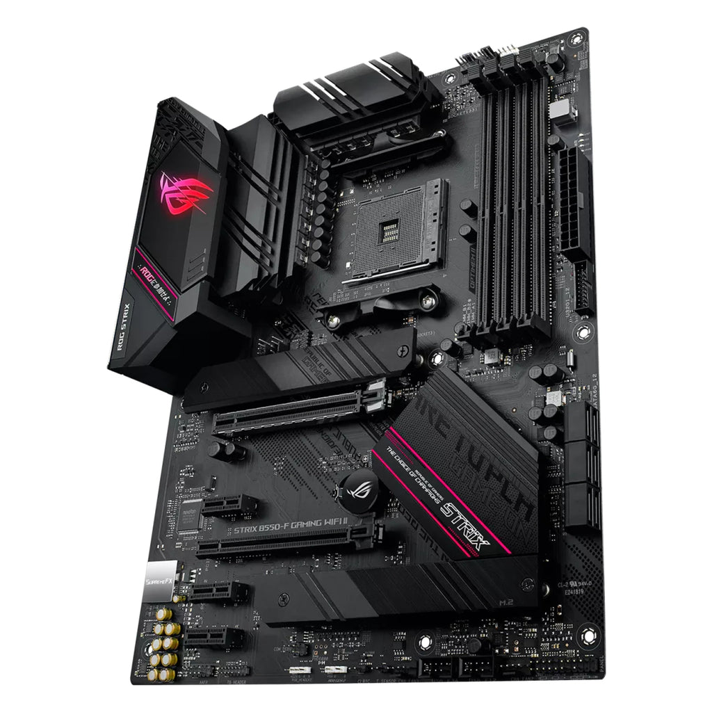 ASUS ROG STRIX B550-F GAMING WIFI II — vue en perspective sur fond blanc carré — réf. 90MB19V0-M0EAY0
