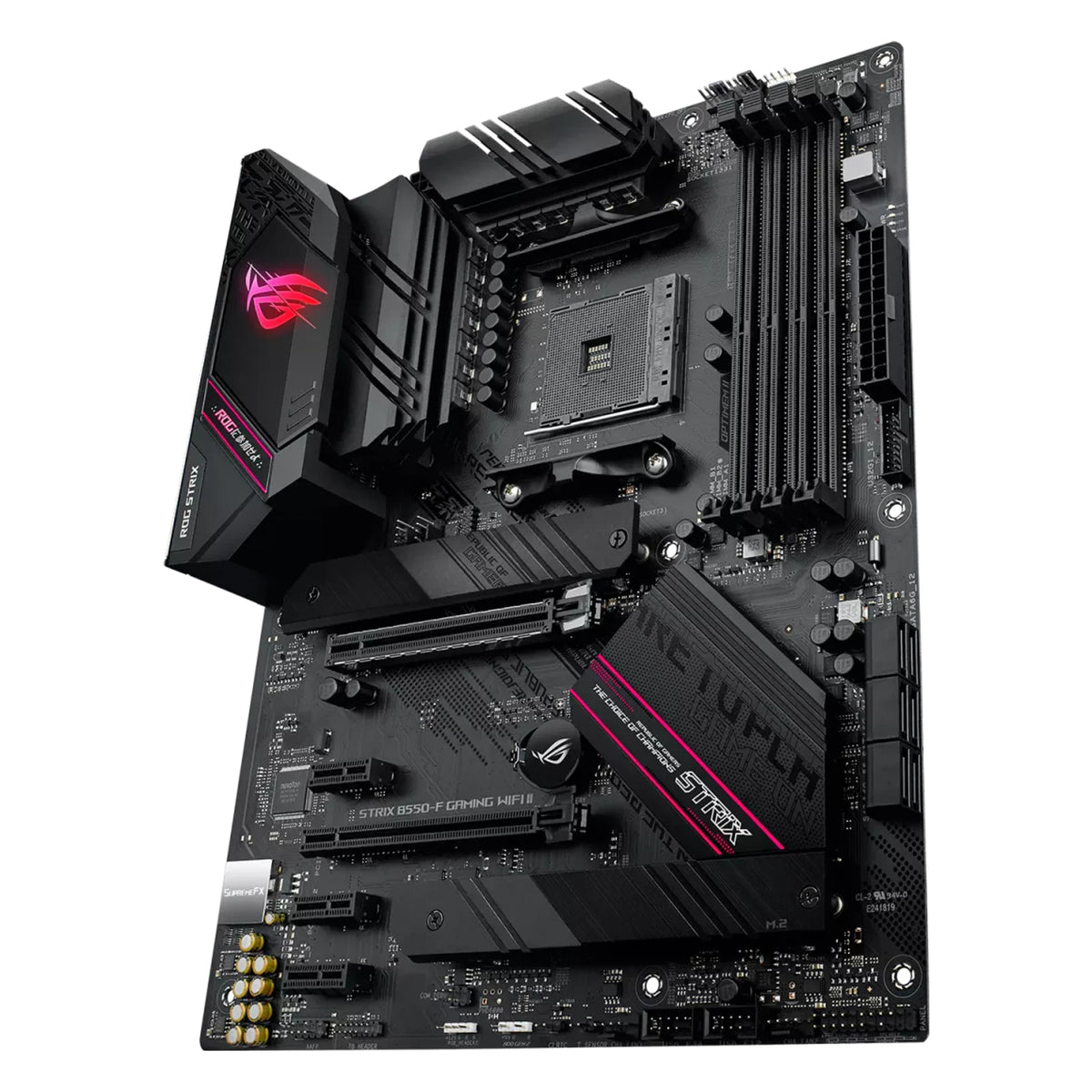 ASUS ROG STRIX B550-F GAMING WIFI II — vue en perspective sur fond blanc carré — réf. 90MB19V0-M0EAY0