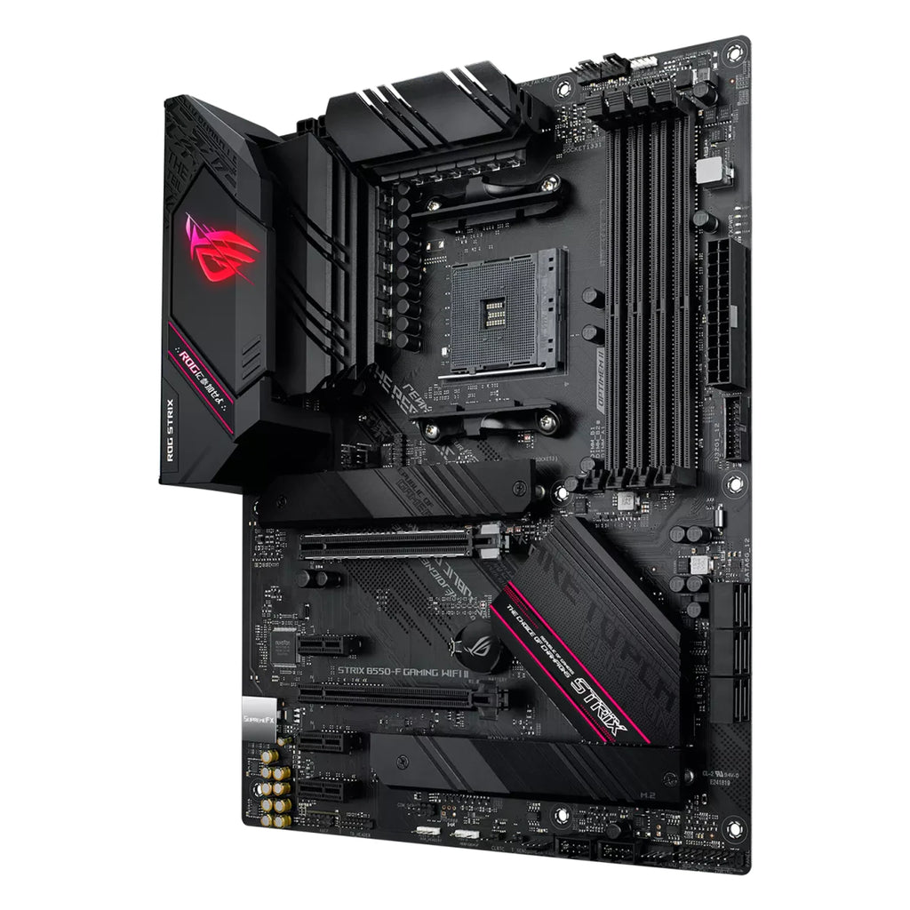 ASUS ROG STRIX B550-F GAMING WIFI II — vue en perspective sur fond blanc carré — réf. 90MB19V0-M0EAY0