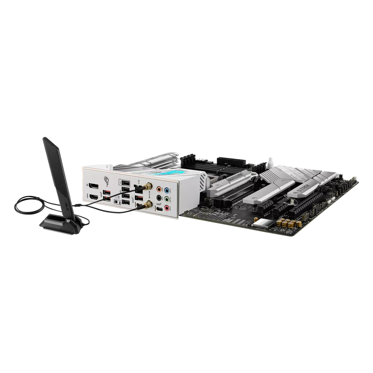 ASUS ROG STRIX B650-A GAMING WIFI — vue avec antenne Wi-Fi sur fond blanc carré — réf. 90MB1BP0-M0EAY0