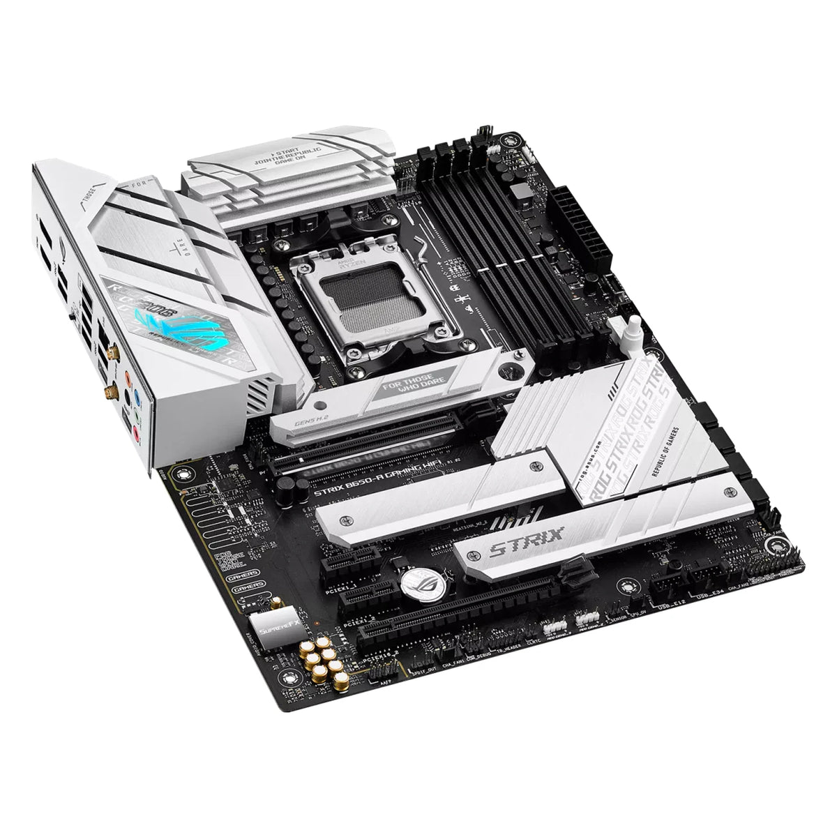 ASUS ROG STRIX B650-A GAMING WIFI — vue en perspective sur fond blanc carré — réf. 90MB1BP0-M0EAY0