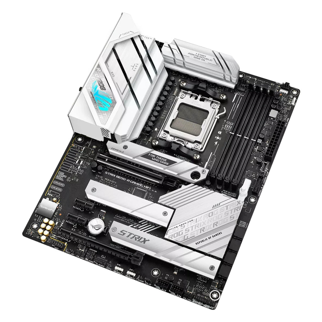 ASUS ROG STRIX B650-A GAMING WIFI — vue en perspective sur fond blanc carré — réf. 90MB1BP0-M0EAY0