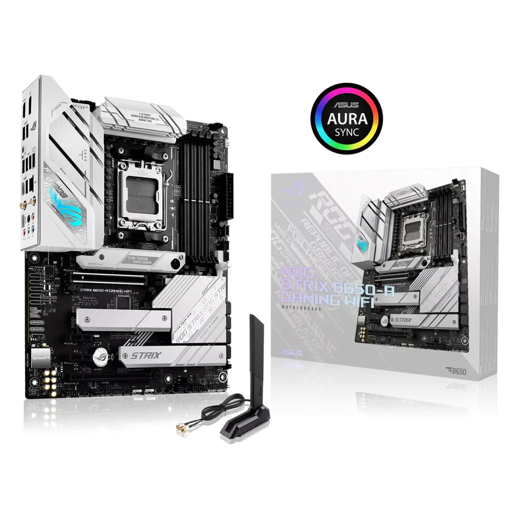 ASUS ROG STRIX B650-A GAMING WIFI — vue avec emballage sur fond blanc carré — réf. 90MB1BP0-M0EAY0