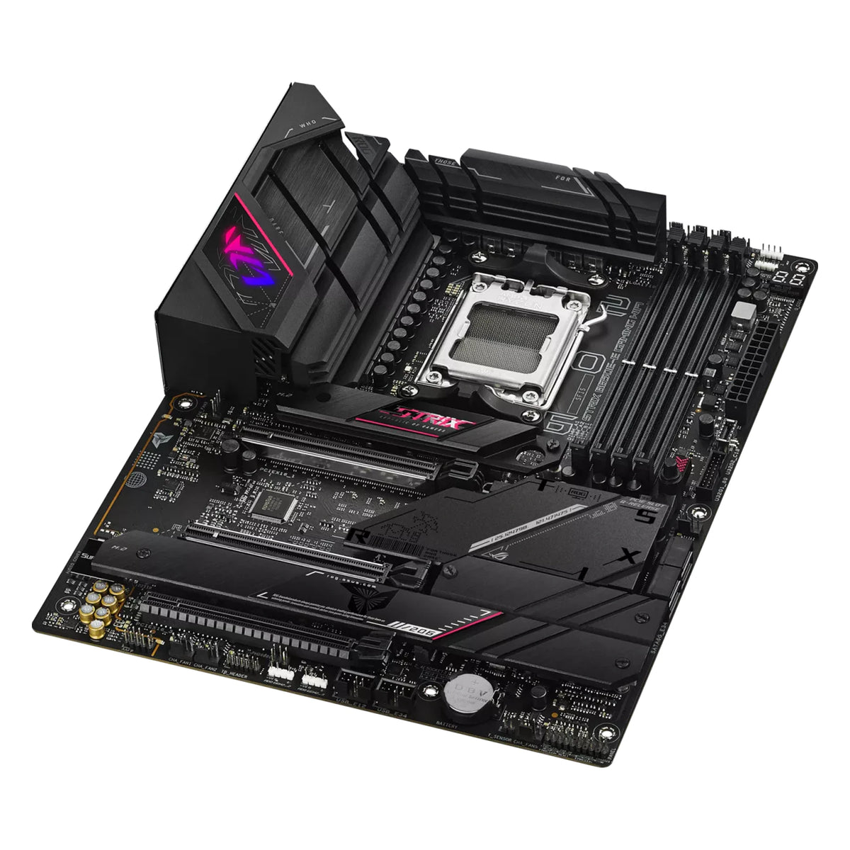 ASUS ROG STRIX B650E-E GAMING WIFI — vue en perspective sur fond blanc carré — réf. 90MB1BB0-M0EAY0