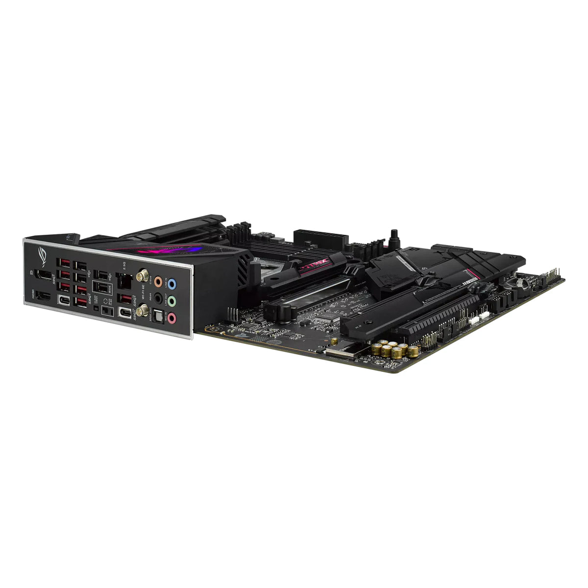 ASUS ROG STRIX B650E-E GAMING WIFI — connectique arrière sur fond blanc carré — réf. 90MB1BB0-M0EAY0