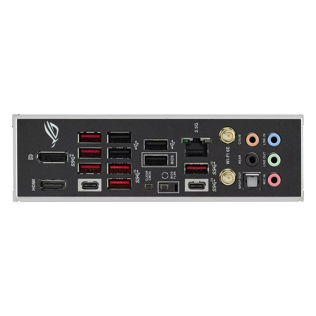 ASUS ROG STRIX B650E-E GAMING WIFI — connectique arrière sur fond blanc carré — réf. 90MB1BB0-M0EAY0