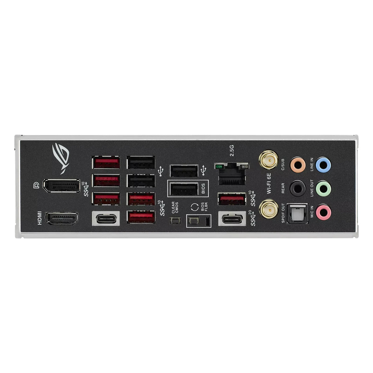 ASUS ROG STRIX B650E-E GAMING WIFI — connectique arrière sur fond blanc carré — réf. 90MB1BB0-M0EAY0