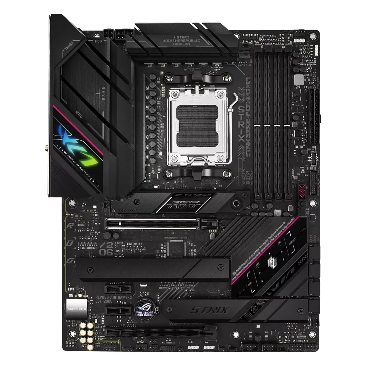 ASUS ROG STRIX B650E-F GAMING WIFI — vue principale sur fond blanc carré — réf. 90MB1BQ0-M0EAY0