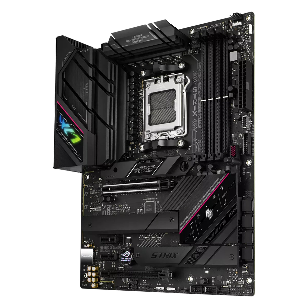 ASUS ROG STRIX B650E-F GAMING WIFI — vue en perspective sur fond blanc carré — réf. 90MB1BQ0-M0EAY0